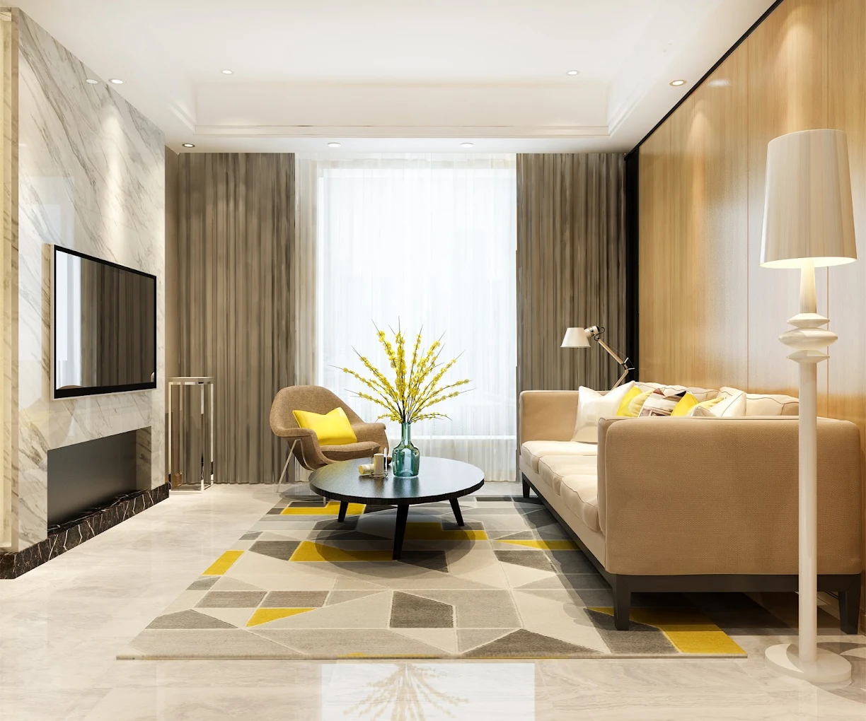 Premium 3BHK living room interior at Blue Ocean, Gandhinagar
